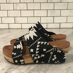 Volatile Sandals Womens Size 6 Black White Aztec Wedge Cork Platform Studded